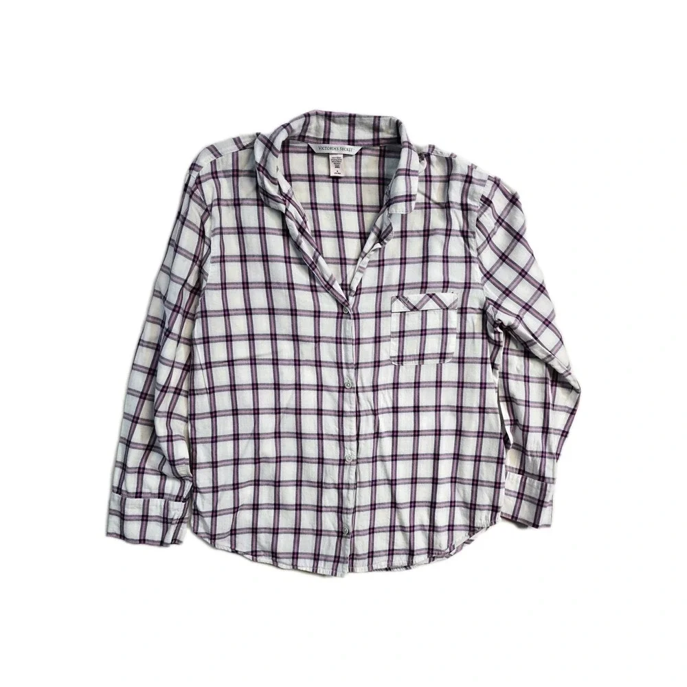 Victoria's Secret Women's Pajama Shirt M Pink White Plaid Button Down